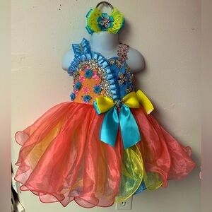 12/18 Month Multi Color Beaded Southern Cupcake Babydoll Pageant Dress & Bow NWT